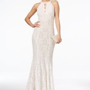 White Lace Prom Dress With Glitter Halter Keyhole